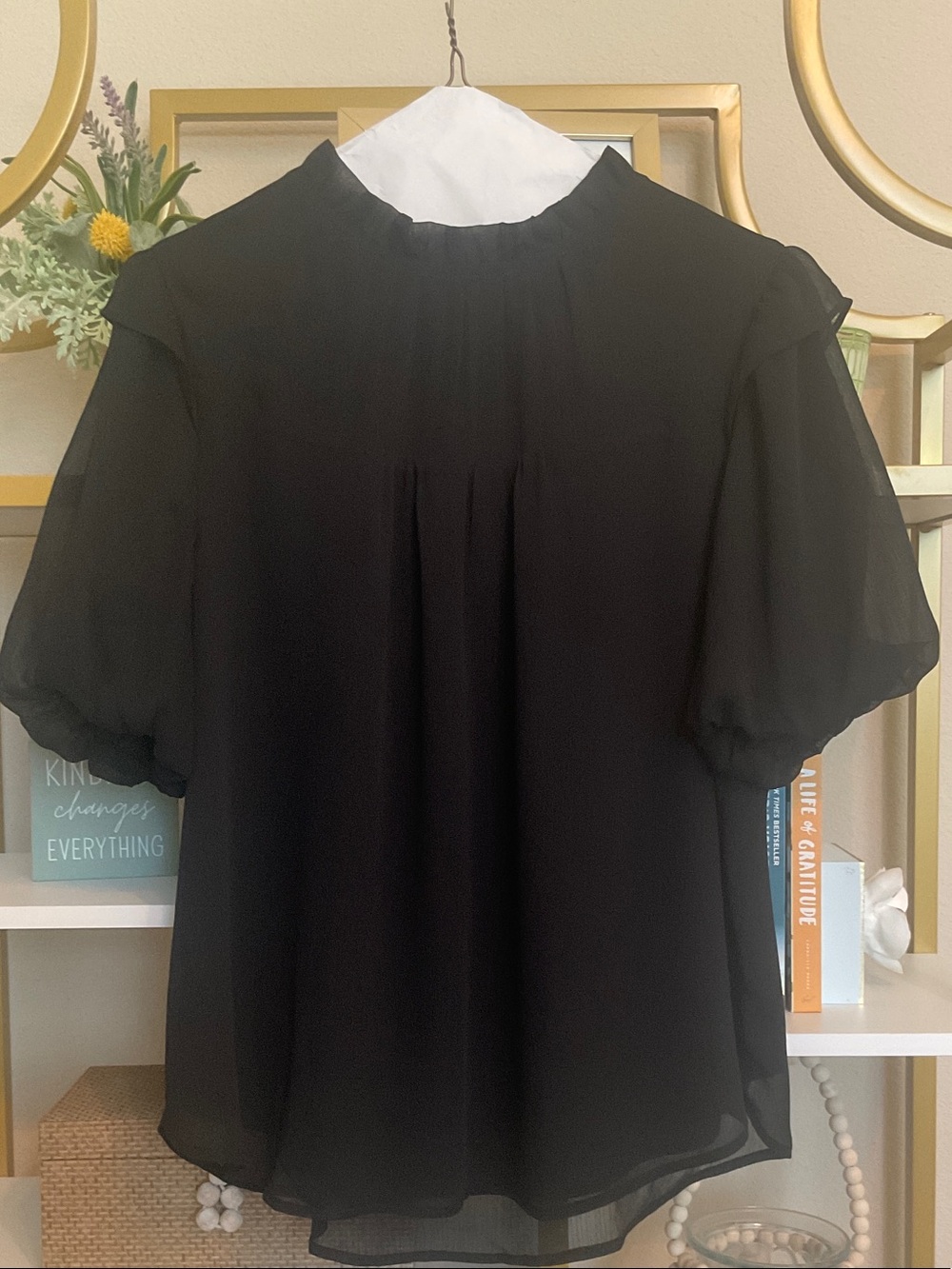 LOFT Black Sheer Puff Sleeve Blouse